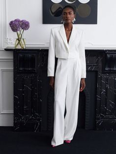 White  Collar  Woven Fabric Plain Wide Leg Embellished Non-Stretch  Women Clothing White Pants Suits For Women, Female Suits Prom, Female Wedding Suit, Wedding Pants Outfit, Brand Portraits, Embellished Suit, Women Suit Pants