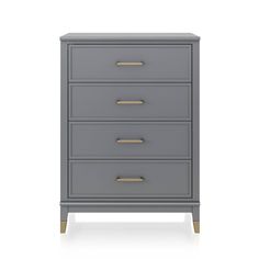 a grey chest of drawers with gold handles on the top and bottom, against a white background