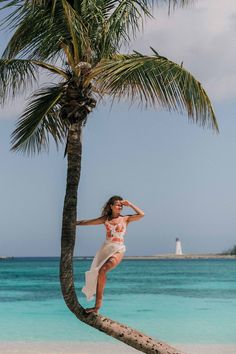 a woman standing on top of a palm tree next to the ocean