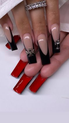 Black Frenchies Nails Long, Black French Red Bottom Nails, Black French Tip Nails Square With Charms, Black Acrylic Nails With Cross Charm, Black French With Red Bottoms, Long French Tip Nails Black, Black Sets Nails, Black French Tip Nails Charms, Nail Ideas Red Bottoms