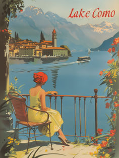 a woman sitting on top of a chair next to a balcony overlooking a body of water