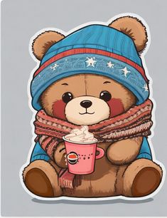 a brown teddy bear wearing a blue hat and scarf holding a cup of hot chocolate