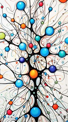 an abstract painting with many different colored balls and lines on the tree's branches