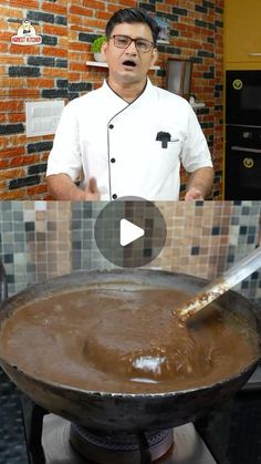 a man standing in front of a frying pan filled with brown liquid on top of a stove