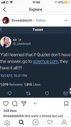 two tweets on twitter with the caption that reads, it's all i learned that if quizlet don't have the answer, go to science cont