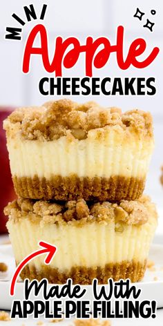 three apple cheesecakes stacked on top of each other with the words made with apple pie filling