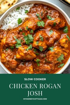 slow cooker chicken rogan josh served in a bowl with rice and cilantro