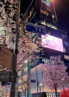 a street sign in front of a tall building with lots of cherry blossoms on it