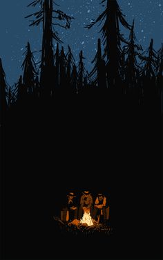 an image of people sitting around a campfire in the woods at night with stars above