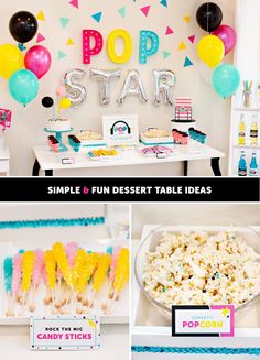 an image of a party with popcorn, cake and candy sticks on the table at a pop star birthday party