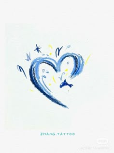 a drawing of a heart with birds flying around it and the words zhang tattoo written in blue ink