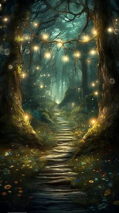 a path leading through a forest with fairy lights