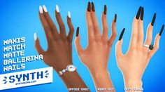 three different types of nails are shown in this ad for symth's match matte balferia nails