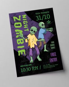 a poster for a zombie party with two zombies on the front and one skeleton on the back