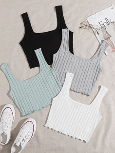 Solid Tank Tops, Womens Sleeveless Tops, Women Tank Tops, Cropped Tops, 가을 패션, Sleeveless Crop Top, Really Cute Outfits, Casual Sets, Knitted Tank Top