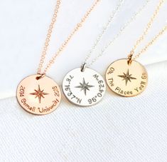 "♥ Personalized disc necklace with compass is a meaningful graduation gift for your daughter, sister or girlfriend and for young men. You can add the name or initials and the graduation year on this disc. Also, it can be personalized with the coordinates, numbers, monograms, and symbols. This elegant necklace also can be a perfect gift for any other occasions ♥ M A T E R I A L S * A N D * D E T A I L S We use the highest quality USA and Italy made materials: - 925 Sterling silver, - 14K Gold fil Meaningful Graduation Gifts, North Star Necklace, Cute Surprises, Clean Sterling Silver, Distance Gifts, Graduation Year, Compass Necklace, Gold Beauty, Team Blue