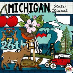 michigan state clipart with an image of a horse, bird, and car in the background