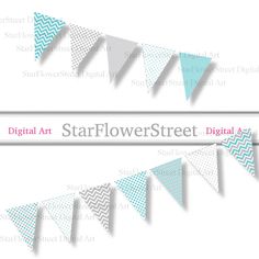 two blue and white paper pennants with the words starflowerstreet digital cut files