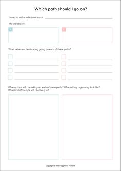 ** These are PDF downloads. Once you check these out, you'll receive emails with download links. You can print these out, or, use these as worksheets with GoodNotes on your iPad/tablet. _____ "Which Path Should I Go On" Printable Please read this article: https://thehappinessplanner.com/blogs/wisdom/how-do-you-make-hard-life-choices _____ "What Should I Do" Printable Time and time again, we have to make hard decisions. When the choices are obvious, it's easy to make a decision. However, sometime Guided Journaling, Printable Forms, Organizing Life, Life Binder, Life Coaching Tools, Writing Therapy, Therapy Worksheets, Coaching Tools, Journal Writing Prompts