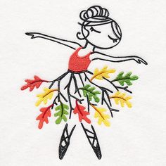 a drawing of a ballerina with leaves and acorns in her arms, on a white background