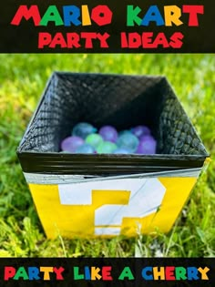 a party like a cherry box with the words mario kart party ideas on it