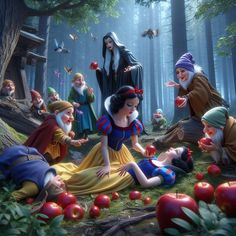 snow white and the seven dwarfs in an apple orchard, surrounded by other disney characters