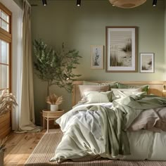 a bedroom with green walls and white bedding, wooden flooring and plants on the wall