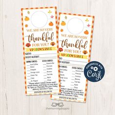 two thanksgiving printables with the words we are sorry, thank you and pumpkins