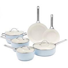 GREEN PAN PADOVA CERAMIC 10-PIECE NON-STICK COOKWARE SET - LIGHT BLUE Ceramic Nonstick Cookware, Nonstick Cookware Sets, Ceramic Cookware, Copper Cookware, Pots And Pans Sets, Classic Kitchen, Nonstick Cookware, Classic Kitchens, Cookware Sets