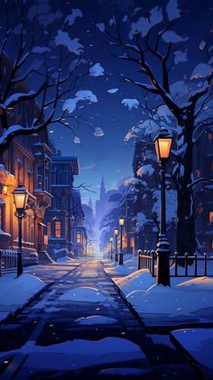 a snowy city street at night with snow on the ground