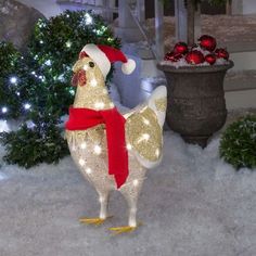 a chicken with a santa hat and scarf standing in the snow next to christmas trees