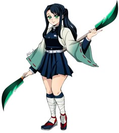 an anime character with long black hair holding a green broom and wearing a school uniform