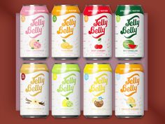 six cans of jelly belly soda on a red background with an orange, yellow and green label