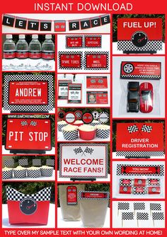 a red and black race themed birthday party with lots of printables on it