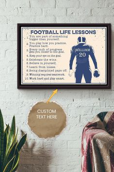 a football player's life lessons poster hanging on a wall