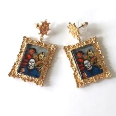 Picture Framed Horror Movie Villain Earrings Featuring Freddie Krueger, Jason Voorhees, And Michael Myers 1 1/8" Wide X 2 1/8" Total Length Zinc Alloy Good Weight To Them, Not Flimsy Metal Other Listing Keywords: Floral Tropical Abstract Neutral Natural Retro Vintage Classic Classy Chic Timeless Boho Bohemian Romantic Pretty Unique Trendy Trending Seasonal Valentine Holiday Christmas Fall Summer Spring Winter New Modern Glam Luxe Fashion Statement Pieces Cute Accessories Cheap Vintage Halloween Jewelry, Unique Gold Halloween Jewelry, Jason Voorhees And Michael Myers, Rocky Horror Picture Show Earrings, Picture Frame Earrings, Freddie Krueger, Horror Earrings, Ear Wrap Earrings, Tropical Abstract