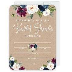 the rustic floral bridal shower card is shown in burgundy, white and blue flowers