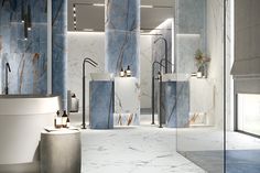 a modern bathroom with marble walls and flooring