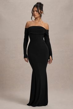 Amaia Black Bardot Long-Sleeve Maxi Dress – Club L London - USA Club L London, Bardot Neckline, Black Dress Prom, Black Tie Gala, Party Dress Long Sleeve, Winter Weddings, Christmas Party Dress, Bridesmaid Outfit, Black Shade