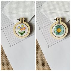 two pictures of the same cross - stitch pattern on different pieces of paper, each with a flower in it