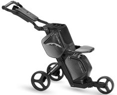 a black and white photo of a stroller with wheels on the front, side view