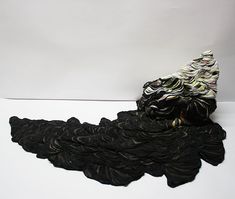 a pile of black fabric sitting on top of a white table