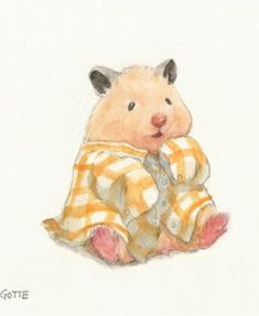 a drawing of a teddy bear wearing a yellow and white checkered shirt, holding a stuffed animal