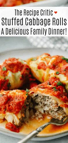 stuffed cabbage rolls on a white plate with a fork and text overlay reading the recipe critic stuffed cabbage rolls a delicious family dinner