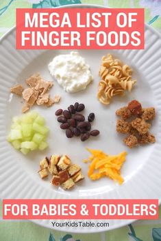 a white plate topped with different types of food and the words mega list of finger foods for babies and toddlers