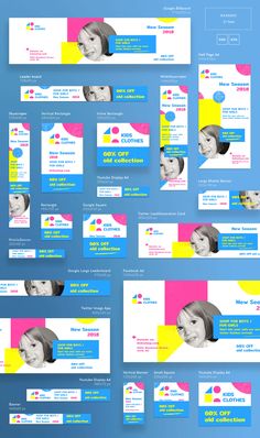 a bunch of different types of webpages on a blue and yellow background with the same