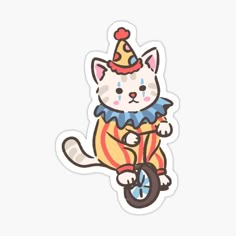 a sticker with a cat riding a bike wearing a clown hat and striped shirt