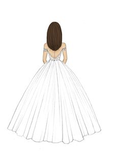 a drawing of a woman in a wedding dress with her back turned to the camera