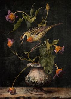 a painting of a bird sitting on top of a vase filled with flowers and leaves