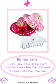 Make your little girl's tea party for two colorful and fun with this two sun hats and two pairs of gloves dress up accessory set.  These stylish sun hats come in the color of fuchsia and pink, with two pairs of soft long white gloves, comfortable, colorful and affordable.  Perfect for birthdays, play days, picnics, gifts and much more! Play Day